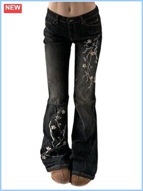 Women's Bell Bottom Gothic Jeans Low Waist Flare Embroidery Vintage Grunge